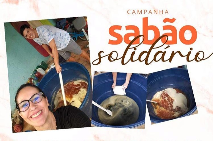 Pessoas felizes com imagens de óleos de cozinha já arrecadados na campanha
