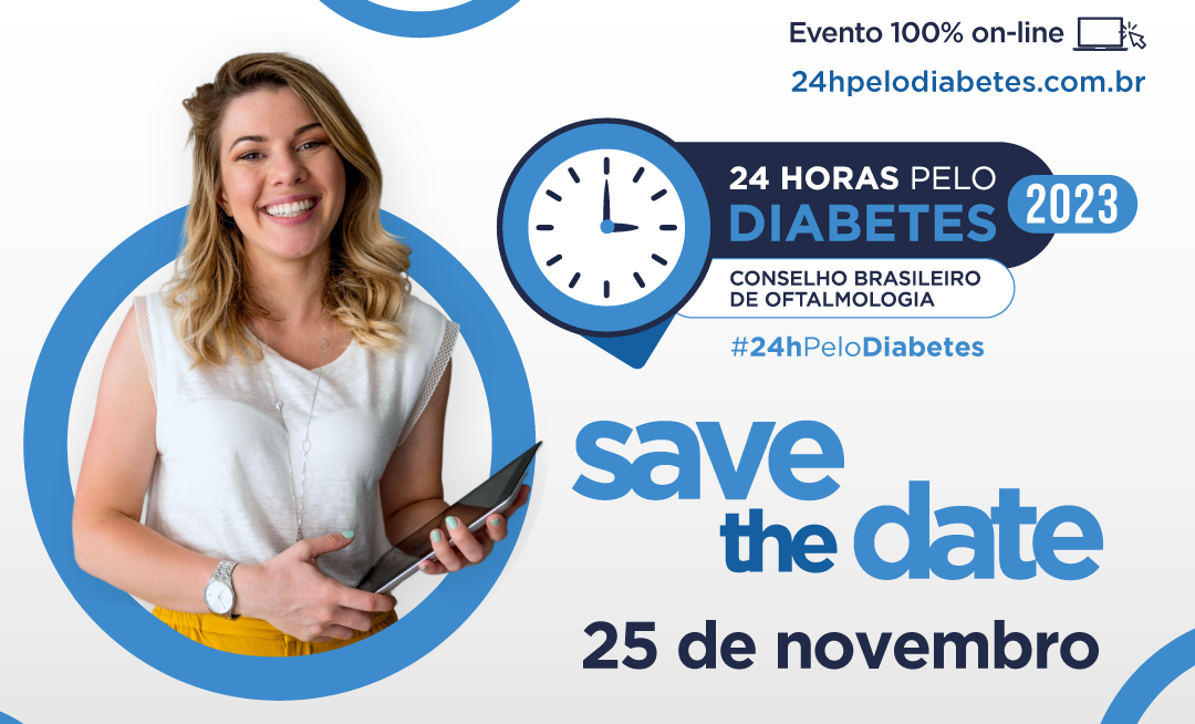 A imagem mostra uma mulher com um tablete nas mãos e ao lado informações sobre a campanha "24 horas pelo diabetes"