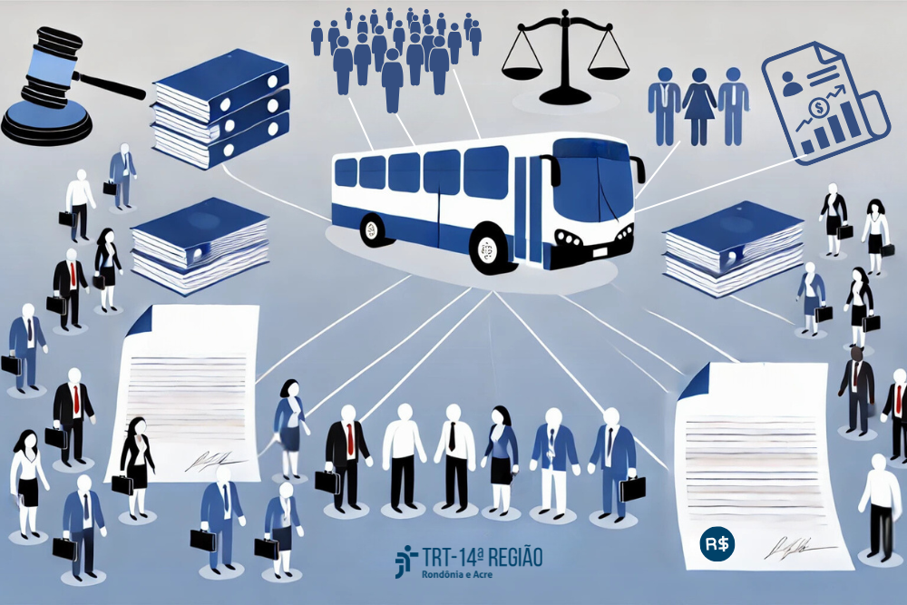 Ilustração do TRT-14 com símbolos do judiciário, transporte de pessoas e trâmite de documentos, em azul e cinza.