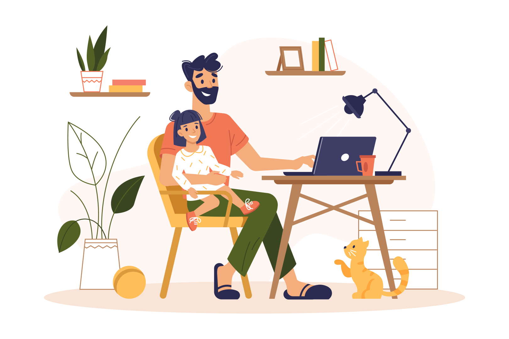 ilustração de um pai trabalhando em casa com a filha criança no colo