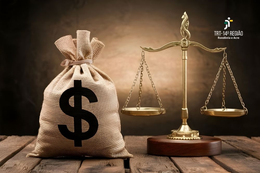 Imagem com fundo em tons marrons com saco de estopa com o símbolo de cifrão ($) estampado em preto, ao lado direito, há uma balança de justiça dourada, apoiada sobre uma base de madeira.