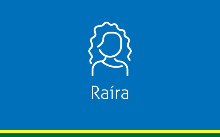 Fundo azul com uma mulher em linhas brancas com a inscrição Raíra na cor branca e no rodapé uma linha amarela e abaixo outra linha verde