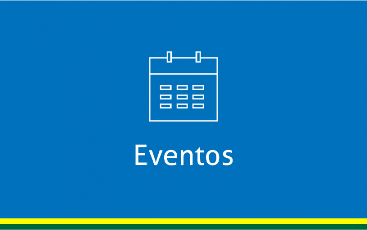 Fundo azul com uma pagina de calendário em linhas brancas com a inscrição eventos na cor branca e no rodapé uma linha amarela e abaixo outra linha verde