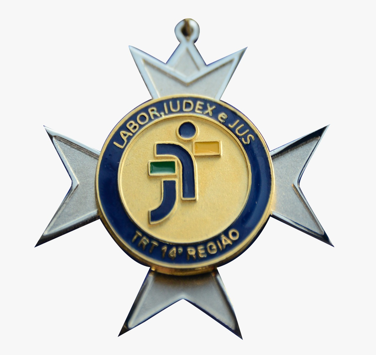 Medalha com a logomarca única da justiça do trabalho em um circulo azul