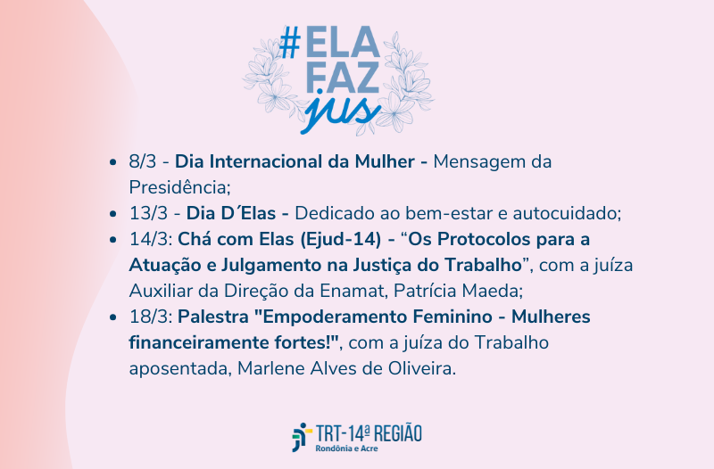 Arte com fundo rosa onde contém em texto a programação do Mês da Mulher