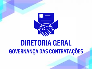 Duas pessoas pessoas apertando as mãos com um contrato ao fundo e o texto diretoria geral - governança das contratações